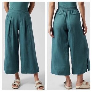 Athleta Womens Linen Wide Leg Pants Size 0 Teal‎ Cropped Beach Travel Resort